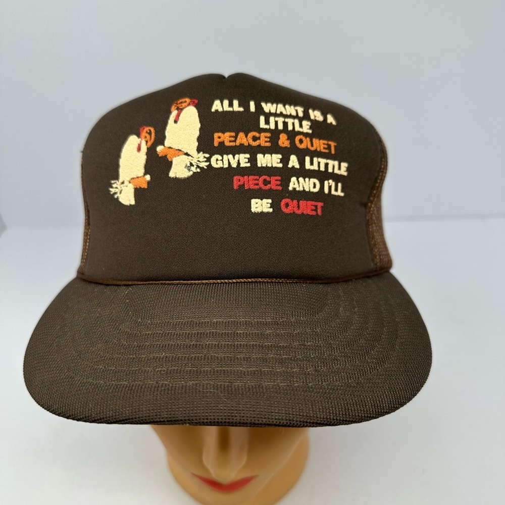 Vintage Yupoong Trucker Hat Mesh Back Snapback Cap Brown Peace & Quiet RARE! J8